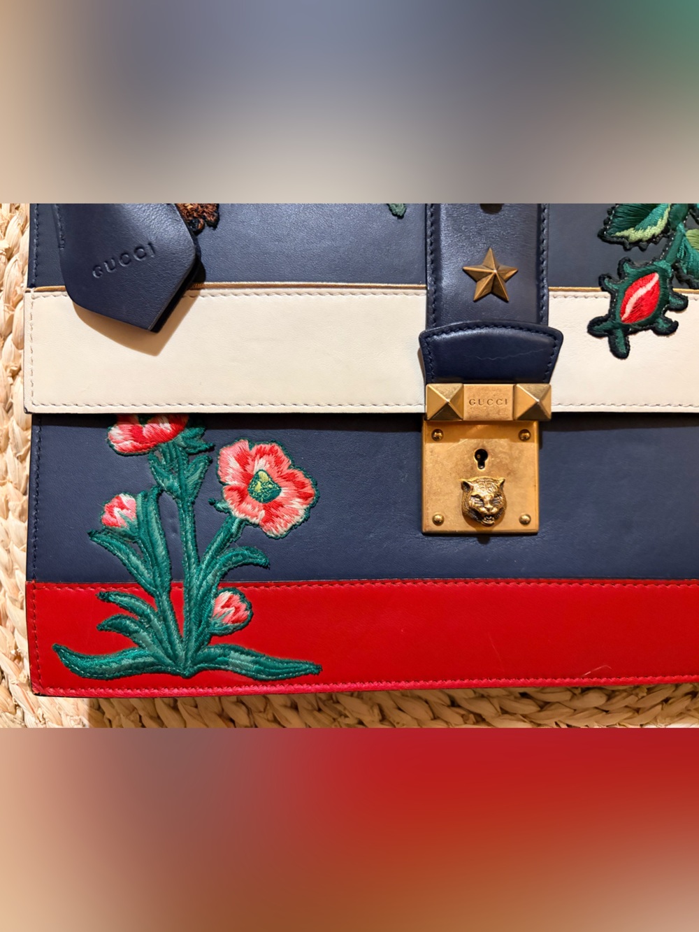 Gucci Blue Leather Striped Embroidered Riche Shoulder Bag - Picture 2 of 16